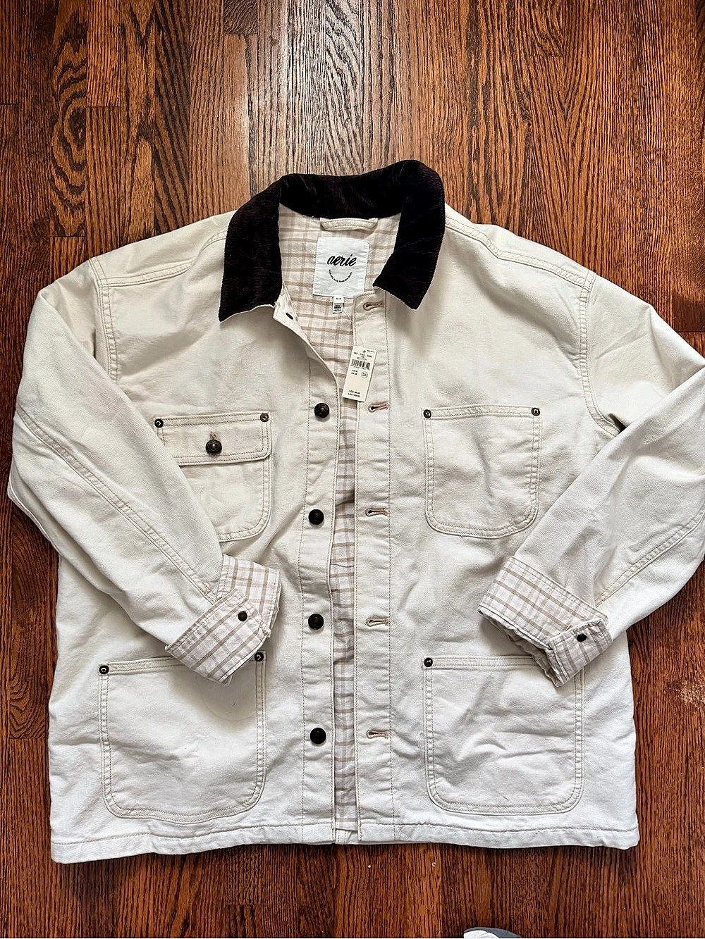 Aerie Barn Jacket Plaid Utility Jacket White & Brown Medium NWT